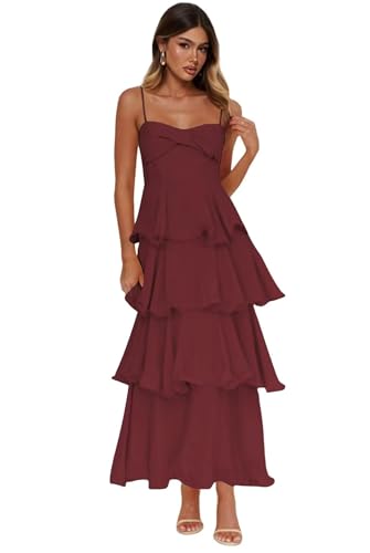 Flowy Chiffon Tiered Bridesmaid Dresses for Women Long Spaghetti Straps Pleated Formal Evening Party Gown
