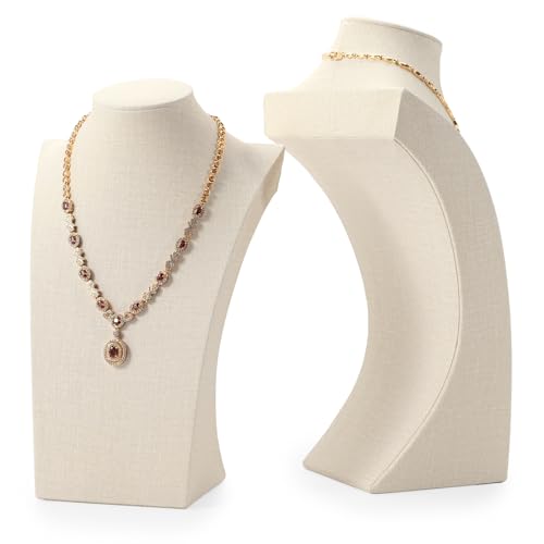 White Leather Jewelry Bust Necklace Display Stand Trade Show Jewelry Holder With Linen Texture Necklace Holder Stand Jewelry Display Mannequin H11.8'' (White)