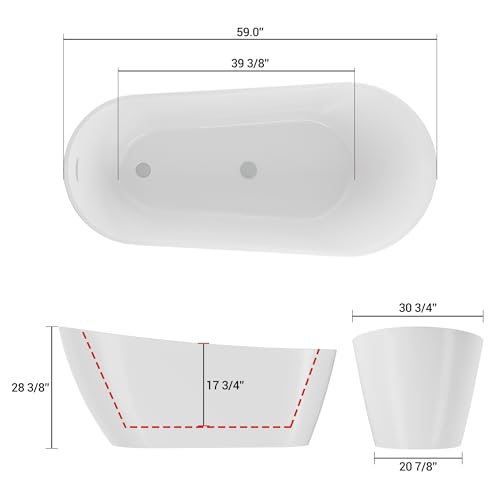 Image of GarveeHome 59'' Acrylic Freestanding Bathtub, Deep Soaking Tub with Non-Slip Base, cUPC Certified Free Standing Tub, Chrome Drain Bath Tub, Modern Tub for Bathrooms, White