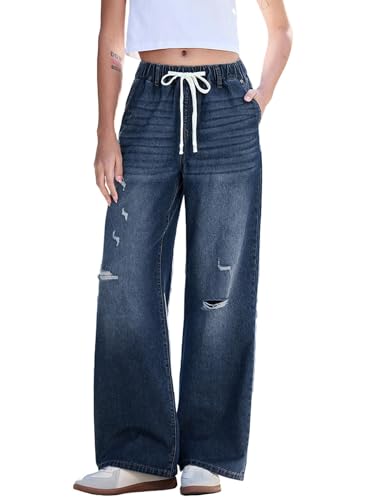 Dokotoo Jeans for Women Casual Trendy Mid Rise Wide Leg Loose Fit Stretch Ripped Drawstring Denim Pants Straight Leg Baggy Pants 2026 Dirty Blue