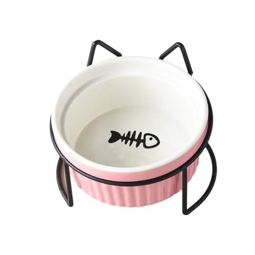 猫用ボウル 鉄製フレーム セラミック製 ダブルボウル 斜め口 ペットボウル 頸椎保護 縞模様 猫用フードボウル 猫用フードボウル 飲料水用小ボウル (フィッシュボーン,パウダーボウル+黒鉄ラック)