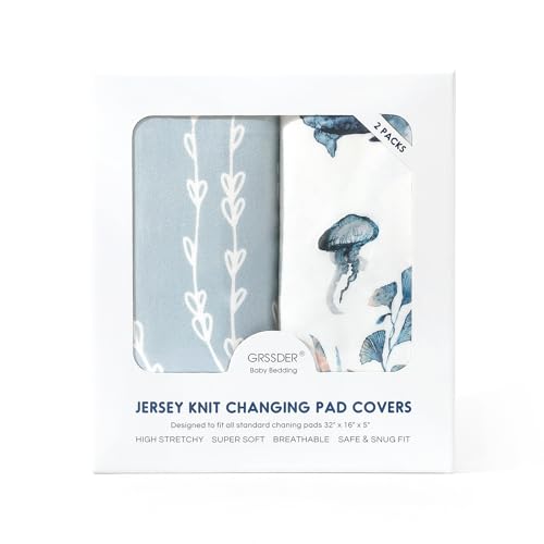 Image of GRSSDER Stretch Ultra Soft Jersey Knit Changing Pad Cover Set 2 Pack, Change Table Pad Covers Fit 32 inch /34 inch x 16 inch Pads Safe and Snug, Sea Fish Print for Girls and Boys