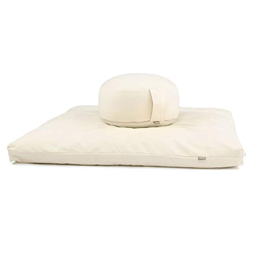 Bodhi Meditations-Set | ECO Serie | Meditationsmatte (Zabuton) & Rondo Meditationskissen | Mit Bio-Dinkelfüllung | Bezug aus 100% Bio-Baumwolle | Meditationsunterlage & Kissen (Natur)