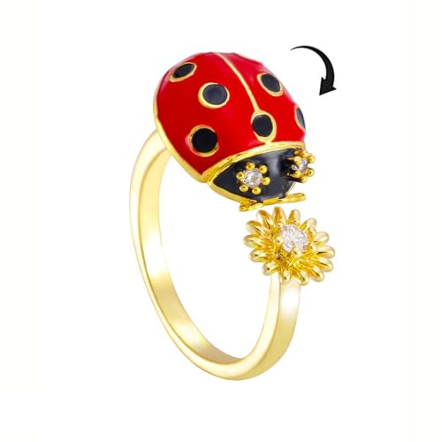 Bague Spinner Coccinelle Et Pâquerette En Zircone Cubique Sur Métal Doré Anneau Ouvert Ajustable Tournant Bijou Ludique Anti Stress Pour Femme Cadeau Plein De Tendresse (Rouge)