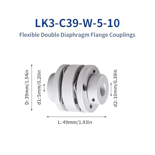 5 mm bis 10 mm Flexible Flanschmembrankupplung, D39 L49 Aluminium 2 Membranmotorwellenkupplung für 3D-Drucker CNC-Maschine Servomotor