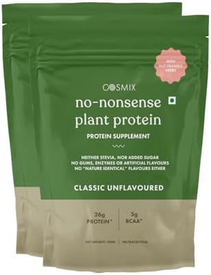 Cosmix No Nonsense Plant Protein | Pea & Brown Rice Isolate | Plant Based | 26g Protein/Serving | Easy To Digest | All Essential Amino Acids- 1 kg | Classic Unflavoured - 500g (Pack of 2)