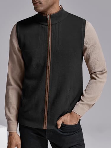 Image of Ryannology Mens Sweater Vest Zip up Casual Sleeveless Cardigan Knitted Stand Collar Regular Fit Jacket with Pockets