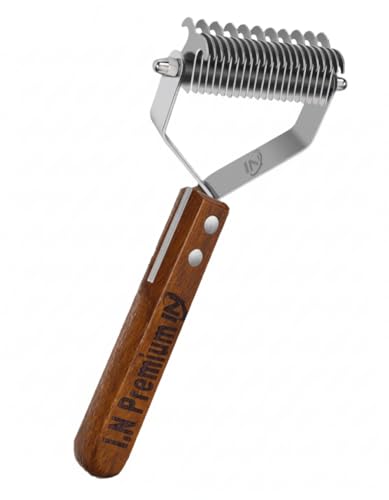 I.N Premium Double Sided Deshedding Large Undercoat rake Dematting Combs for Dogs & Cats, Dog Brush for Shedding for Medium to Long haired Pets (L-DualSided -Sapele)
