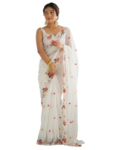 AKHILAM White Georgette Embroidered Saree With Unstitched Blouse (KESARI10806_KR)
