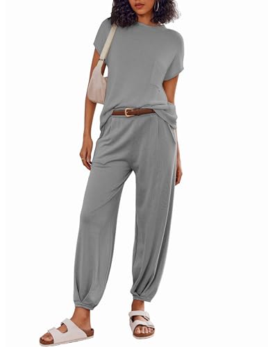 Ekouaer Two Piece Outfits Lounge Sets for Women Sweater Sets Knit Short Sleeve Tops Jogger Pants Matching Tracksuit,Grey,Medium