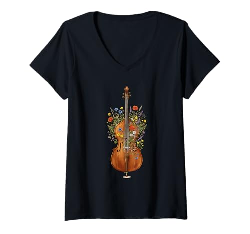 Women's Upright Double Bass Floral Windflower Flowers Musician V-Neck T-Shirt