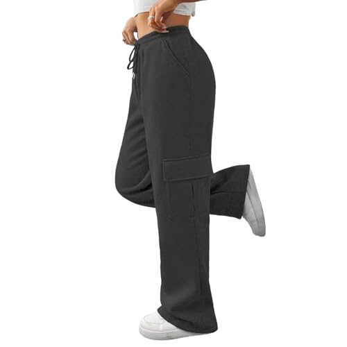 Pantalones de chándal cargo para mujer, pantalones cargo sueltos con cintura elástica, pierna recta, pantalones de chándal con cordón y bolsillos, Gris oscuro., M
