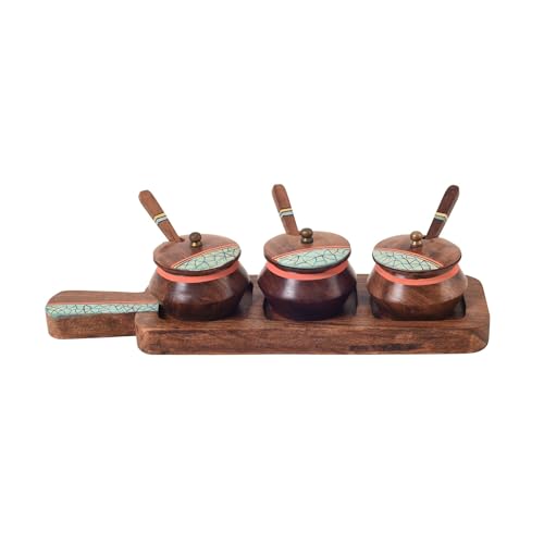 Image of AAKRITI ART CREATIONS Rustic Charm Wooden Pickle Organizer | Handcrafted Abstract Art Storage Handi | Kitchen Decoration Items Stylish Tray & Handi | Kitchen Handi with Wooden Tray