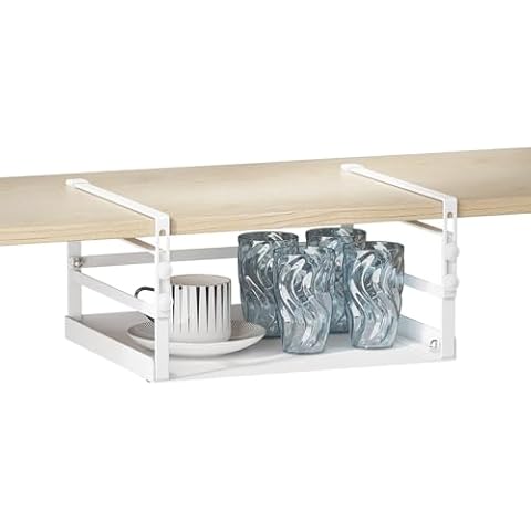 HENGI Adjustable Under Shelf Storage, Heavy Duty Metal Basket Organizer for Kitchen Cupboard Cabinet Pantry Laundry Desk Bookshelf, White Cover