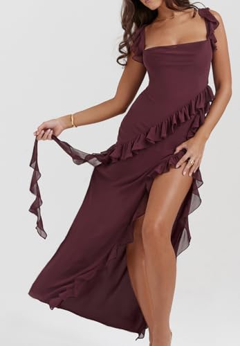 Women's Square Neck Floral Print Sexy Spaghetti Strap Side High Split Ruffle Hem Long Dress Party Dress3