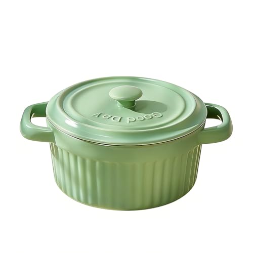 Mini Cocotte con tapa, fuente de cerámica con asas y tapa, moldes redondos con tapa para lasaña, soufflé, crema brûlée, postre, para microondas y horno (verde, S-250 ml-1 pieza)