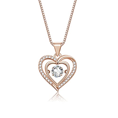 Heart Pendant Necklaces for Women 14K Rose Gold Plated with Birthstone Zirconia,Christmas Birthday Anniversary Jewelry Gift for Women Wife Her 18+2 inch