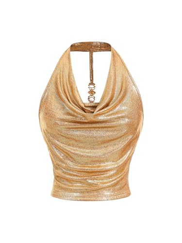 Milumia Women Metallic Halter Y2k Crop Tops Ruched Backless Cowl Neck Party Club Rave Sleeveless Shirts Gold Small