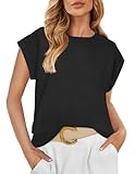 ZESICA Womens Summer Cap Sleeve Crewneck Tops Casual Loose Striped T-Shirts Basic Tees,DarkBlack,Medium