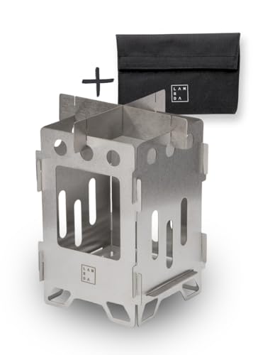 LAMBDA COFFEE® NOMAD Mini Hobo KocherEdelstahl | Campingkocher mit Aufbewahrungstasche | Kleiner Outdoor Kocher | Steckbarer Holzofen Stove für Outdoor Abenteuer | Mini Holzofen 7x7x13cm