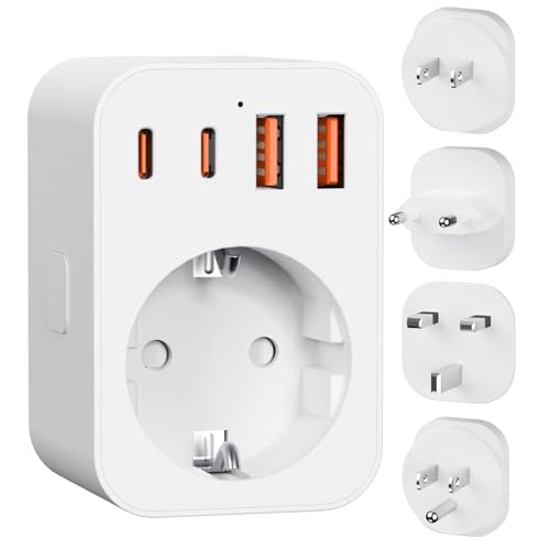 Universal Reiseadapter Weltweit mit 2*USB-C und 2*USB-A, 4 Abnehmbare Steckdosenadapter für UK/USA/EU/Japan/China usw, Breite Kompatibilität, Perfekt für Weltreisende und Geschäftsreisende