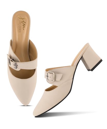 Image of JM LOOKS Sophisticated Buckle Strap Pointed Toe Mules with Contemporary Block Heel for Versatile Fashion Styling