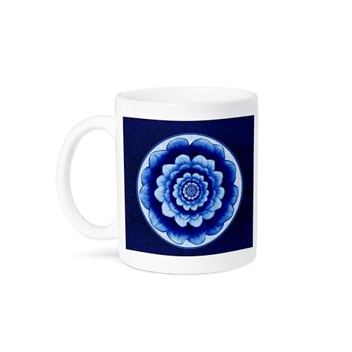 3dRose Pastel blue and cobalt fantasy mandala flower on royal blue background - Mugs (mug_31753_2)