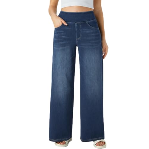 Grevela Pull Up Jeans, Women's Wide Leg High Waisted Jeans Stretchy Trendy Denim Pants, Pull on Wide Leg Jeans for Women