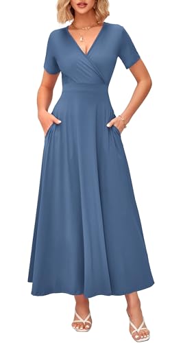 Image of WNEEDU Women's Summer Maxi Dress Short Sleeves Wrap V Neck Long Dresses with Pockets