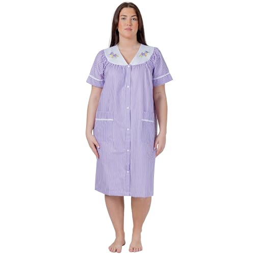 Image of Women's Short Sleeve Woven Snap-Front Closure Striped Embroidery Housecoat Duster Nightgown with Front Pockets