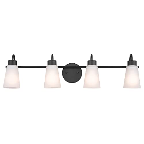 Image of Kichler Erma 4-Light Bathroom Vanity Light Fixture with Satin Etched Glass Shades, Updated Traditional Wall Mount Lighting in Black for Mirror Above Vanity (32.5 inch x 8.5 inch), 55127BK