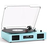 Vinyl Record Player with Bluetooth, 3-Speed Belt-Drive Turntable with Built-in Speakers, Easy Setup for Beginners, USB Recording, RCA/AUX/Headphone Jack, Classic Blue Record Player
