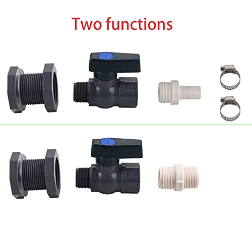 PVC Garden Rain Barrel Spigot Kit,3/4 inch PVC Bulkhead Fitting with Ball Valve and Hose Adapter, Garden Hose Adapter Barb 16mm(5/8\") OD, for Rain Barrels, Aquariums, Water Tanks, Pools - Thumbnail 2