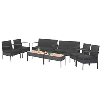 Alternative view of Tangkula 4 Piece Patio Rattan Conversation Set, Outdoor Wicker Sofa Furniture Set W/Loveseat & 2 Single Chairs, Acacia Wood Tabletop, Outside Sectional Set for Poolside, Deck, Garden (2, Black)