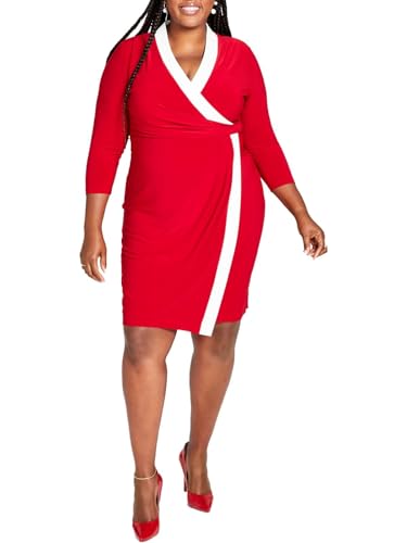 Kasper Women's Plus Size Surplice V-Neck Long-Sleeve Dress (Crimson/Cream, 1X)