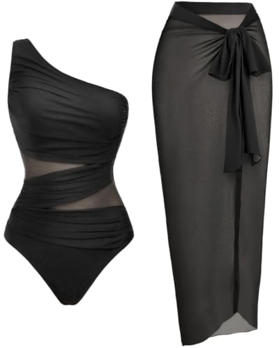 Image of Womens One Shoulder One Piece Swimsuit Mesh Ruched Tummy Control Swimwear