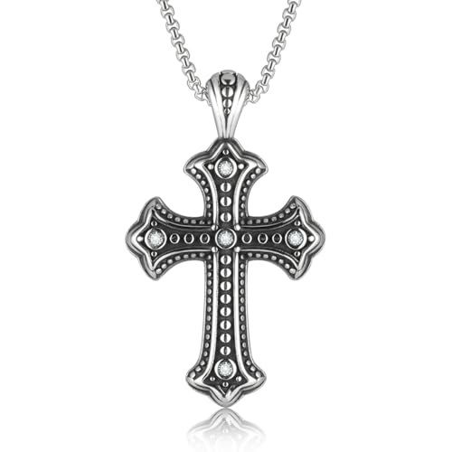 HEXALOVA Studded Gothic Cross Necklace, Stainless Steel CZ Pendant