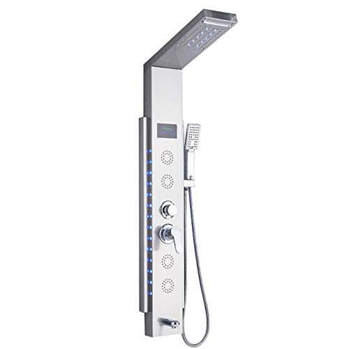 Columna de ducha con panel de lluvia LED, salida para bañera y duchador de mano, 5 funciones, acero inoxidable miniatura 1