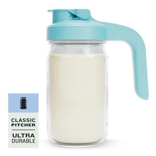 County Line Kitchen Glass Breast Milk Pitcher with Lid - Wide Mouth, 1 Quart (32 oz) - Heavy Duty, Leak Proof - Sun & Iced Tea Pitcher, Cold Brew Coffee, Breast Milk Storage, Water - Light Blue