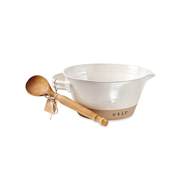 Mud Pie STONEWARE MIXING BOWL SET, white/tan, bowl 5"" x 10"" dia | spoon 11"""