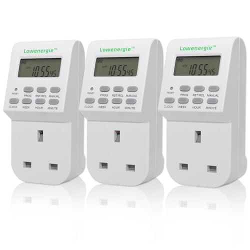 Lowenergie 7-Day Programmable Digital Plug-In Timer Socket (3 Pack) – 20 ON/OFF Settings, 1-Minute Accuracy, Battery Backup, Energy-Saving Home Appliance Controller