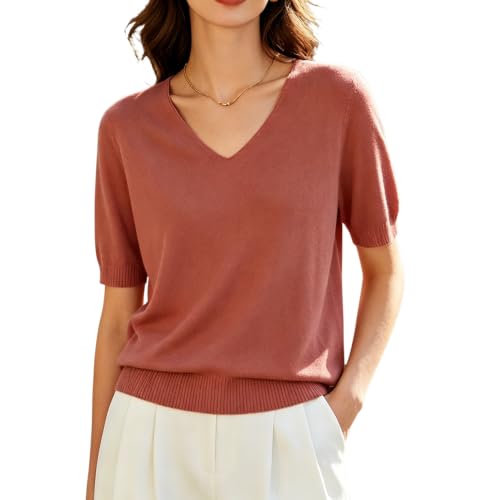 Image of DAIMIDY Women's Short Sleeve Sweater V Neck Summer Knit Tops