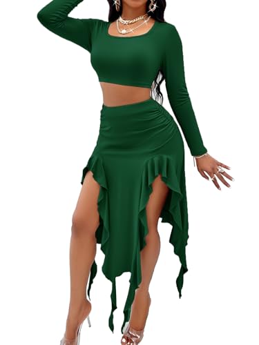 Image of BARASA Women Summer 2 Piece Skirt Sets Comfy Ruffle Trim Irregular Split Sexy Y2k Club Party Tops Jellyfish Skirt Suits S69