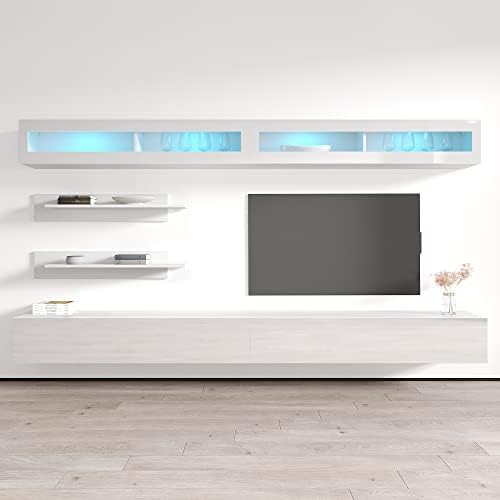 Meble Furniture Fly I2 30TV Stand - Wall-Mounted Entertainment Center Console for Bedroom & Living Room - Modern TV Floating Entertainment Center with Storage, Shelves, and LED Lights - White