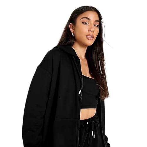 Image of Solid Hoodie Long Sleeve Front Zipper with 2 Pockets Sweatshirt for Women