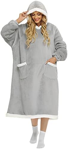 Extra Long Hoodie Blanket for Adult Men Women, Flannel Fleece Oversized Blanket Hoodie with Hood and Pockets Wearable Hooded Blanket Sweatshirt Soft Comfy Sweatshirt Blanket(150cm,Navy)