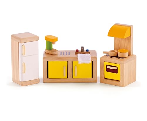Hape Cucina per la casa delle bambole | Mobili in miniatura e elettrodomestici in legno per gioco di ruolo dai 3 anni