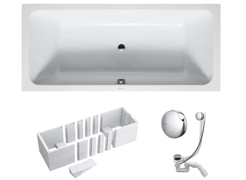 VBChome Badewanne 180x80 cm Duravit Acryl SET – Rechteckige Design-Badewanne inkl. Styroporträger, Siphon & Ablaufgarnitur Chrom – Modern, Weiß, 180 x 80 cm Wanne für Badezimmer