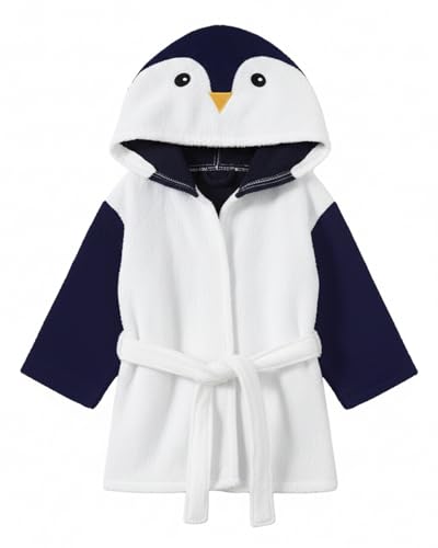 FishingDino Bademantel Kinder Jungen Mädchen Gr 74-116, Weiche Baumwolle Kinderbademantel Frottee, Schnelltrocknend Bademäntel Morgenmantel Für Alle Jahreszeiten, Blauer Pinguin 5-6 Jahre/110-116