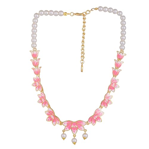 Pink Enamel Lotus Ethnic Pearl Necklace Set